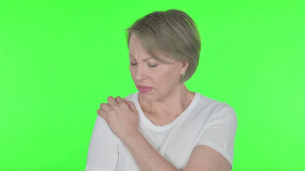 Senior Old Woman Shoulder Pain Green Background — Foto Stock
