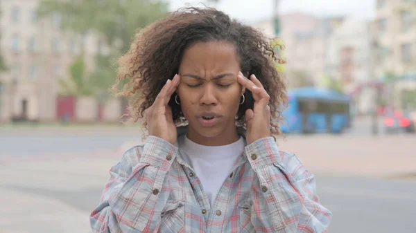 Portrait Tense Young African Woman Headache Outdoor — Fotografia de Stock