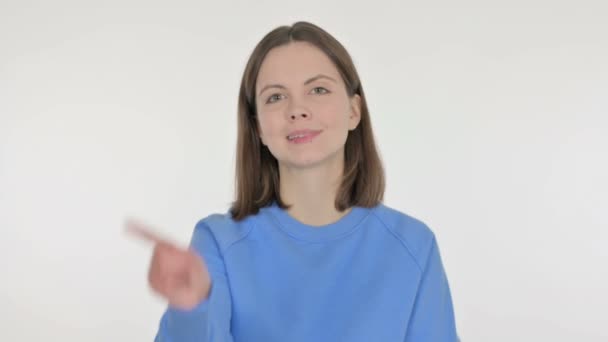 Menyangkal Wanita Kasual Dalam Penolakan Latar Belakang Putih — Stok Video