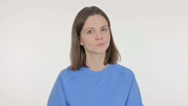 Nenucená Žena Třese Hlavou Popírání Bílém Pozadí — Stock video