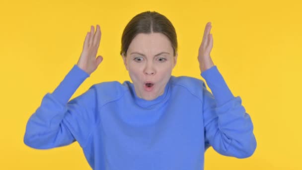 Disappointed Casual Woman Reacting Loss Yellow Background — Stock Video