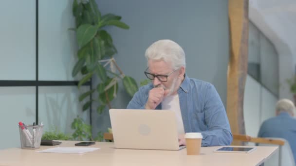 Coughing Sick Senior Old Man Working Laptop — Αρχείο Βίντεο