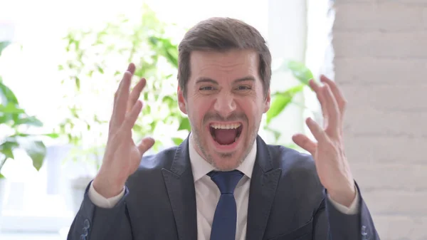 Angry Young Adult Businessman Screaming Frustration Office — Foto Stock