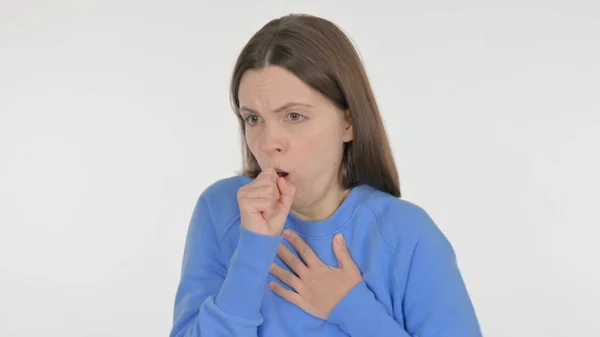 白い背景に病気のカジュアルな女性の咳 — ストック写真