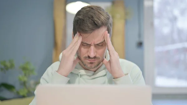 Close Young Adult Man Having Headache While Working Laptop — Stockfoto