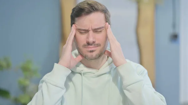 Portrait Tired Young Adult Man Headache Migraine — Zdjęcie stockowe