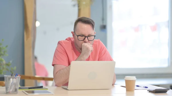 Young Adult Man Coughing While Working Laptop — Stockfoto
