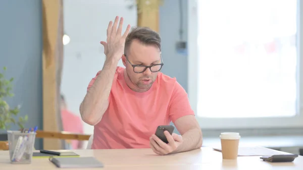 Upset Young Adult Man Reacting Loss Smartphone — Stok fotoğraf