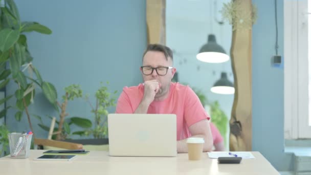 Creative Adult Man Coughing While Working Laptop — Stockvideo
