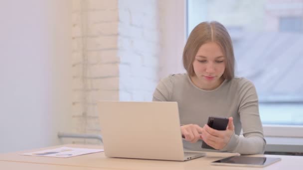 Creative Young Woman Using Phone Laptop Work — Vídeo de stock
