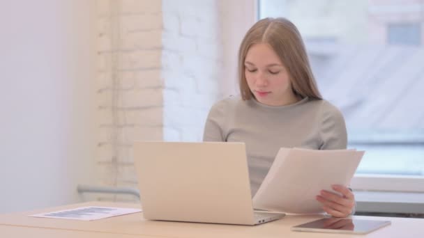 Creative Young Woman Working Laptop Documents — Stockvideo