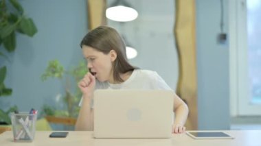 Coughing Sick Young Woman Working on Laptop