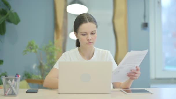 Young Woman Working Laptop Documents — Stockvideo