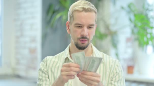Portrait Young Man Counting Money Dollar — Stockvideo