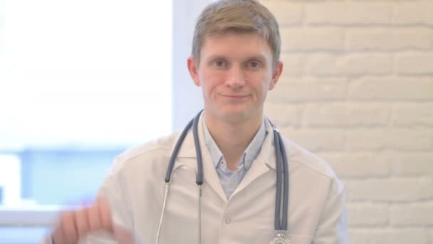 Portrait Male Doctor Showing Thumbs — 图库视频影像