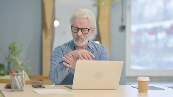 Senior Old Man Coughing Working Laptop — Photo