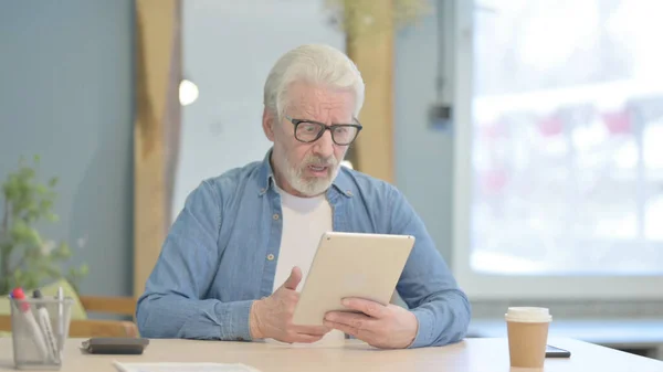 Senior Old Man Celebrating Online Success Tablet — Photo