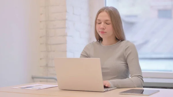 Creative Young Woman Shaking Head Denial While Working Laptop — Foto de Stock