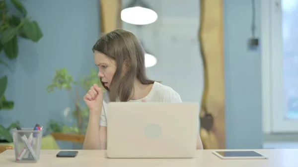 Coughing Sick Young Woman Working Laptop — стоковое фото