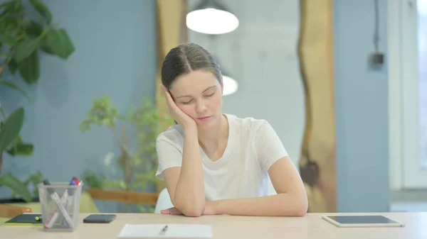 Young Woman Sleeping While Sitting Work — Stockfoto
