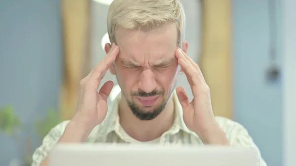 Close Young Man Headache Working Laptop — Stock Photo, Image