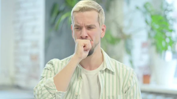 Portrait Coughing Sick Young Man — Stock Photo, Image