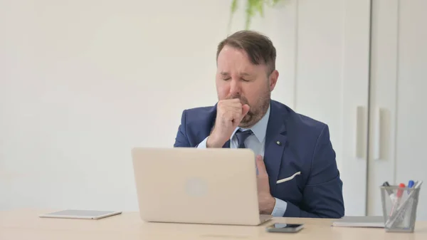 Businessman Having Coughing Working Laptop — Stock Photo, Image
