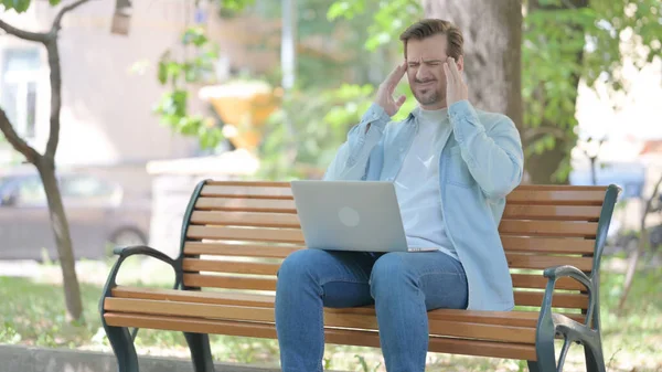Young Man Headache Working Laptop Outdoor — Stock Photo, Image