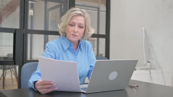Senior Old Woman Celebrating Work Laptop Documents — Stock Video