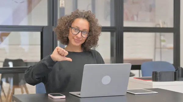 Thumbs Mixed Race Woman Working Laptop — Stock Photo, Image