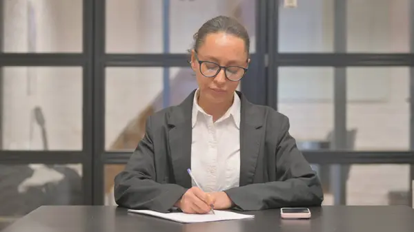 Mixed Race Business Woman Writing Letter Work — Stock Photo, Image
