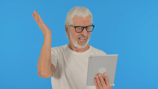 Casual Old Man with Loss on Tablet on Green Background