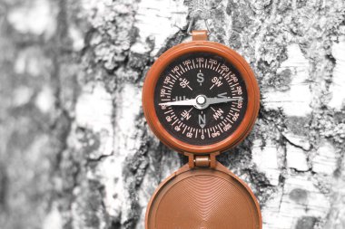 Pusula ile turizmin sembolü olarak doğal arka planda yuvarlak pusula ve pusula ile seyahat ve pusula ile açık hava aktiviteleri