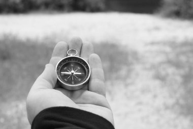 Pusula ile turizmin, pusula ile seyahat etmenin ve pusula ile açık hava aktivitelerinin sembolü olarak, doğal arka planda eski klasik navigasyon pusulası bulunmakta