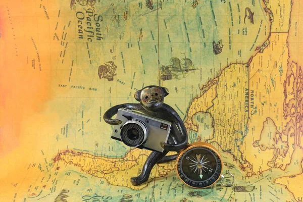 Classic Compass Souvenir Figurine Camera Background Old Vintage Map World — Stock Photo, Image