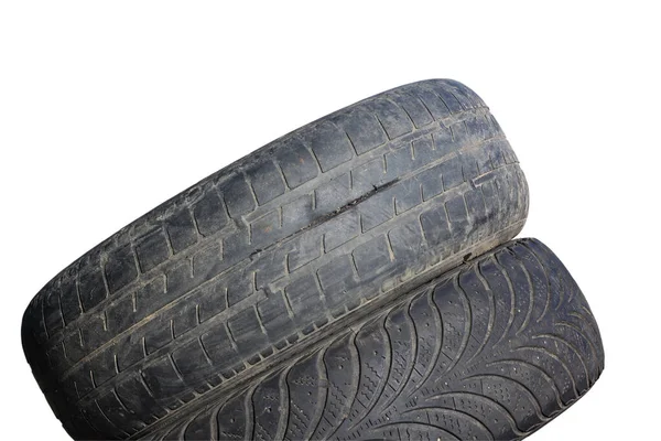 Old Worn Out Tire Next Another Old Tire Isolated White — Stock Photo, Image