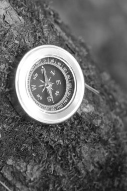 Pusula ile turizmin sembolü olarak siyah ve beyaz fotoğraf, pusula ile seyahat ve pusula ile açık hava aktiviteleri