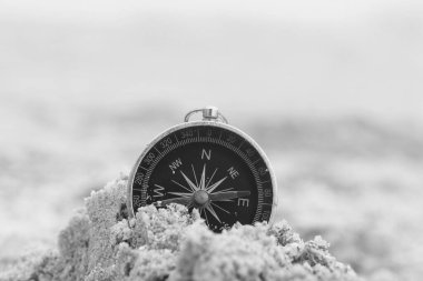 Pusula ile turizmin sembolü olarak doğal arka planda klasik navigasyon pusulası, pusula ile seyahat ve pusula ile açık hava aktiviteleri