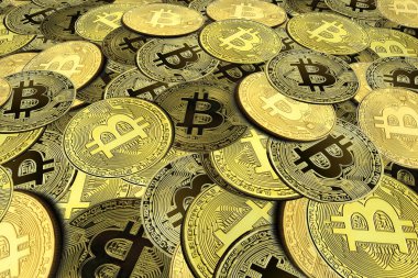 Bitcoin 'lerin zenginliğinin sembolü olarak altın bitcoin' lerin arka planındaki diğer bitcoin 'lerin yanında yuvarlak bitcoin' ler