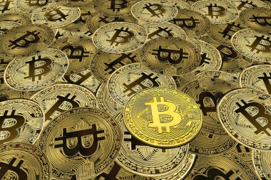Bitcoin 'lerin zenginliğinin sembolü olarak altın bitcoin' lerin arka planındaki diğer bitcoin 'lerin yanında yuvarlak bitcoin' ler