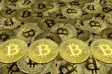 Bitcoin 'lerin zenginliğinin sembolü olarak altın bitcoin' lerin arka planındaki diğer bitcoin 'lerin yanında yuvarlak bitcoin' ler