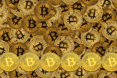 Bitcoin 'lerin zenginliğinin sembolü olarak altın bitcoin' lerin arka planındaki diğer bitcoin 'lerin yanında yuvarlak bitcoin' ler
