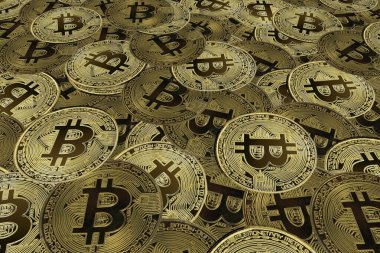 Bitcoin 'lerin zenginliğinin sembolü olarak altın bitcoin' lerin arka planındaki diğer bitcoin 'lerin yanında yuvarlak bitcoin' ler