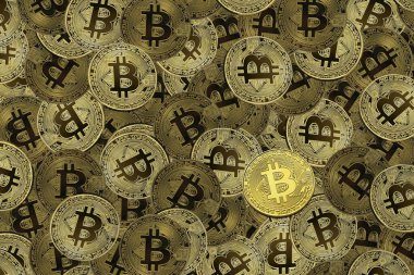 Bitcoin 'lerin zenginliğinin sembolü olarak altın bitcoin' lerin arka planındaki diğer bitcoin 'lerin yanında yuvarlak bitcoin' ler
