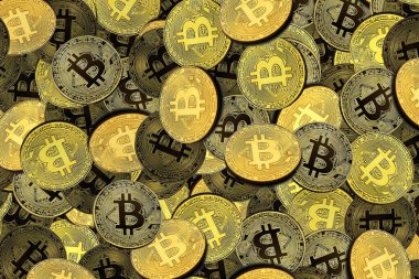 Bitcoin 'lerin zenginliğinin sembolü olarak altın bitcoin' lerin arka planındaki diğer bitcoin 'lerin yanında yuvarlak bitcoin' ler