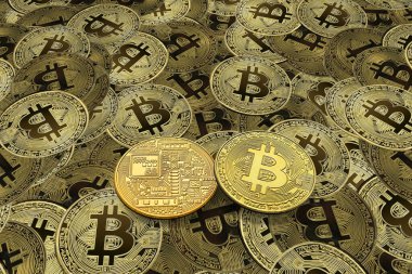 Bitcoin 'lerin zenginliğinin sembolü olarak altın bitcoin' lerin arka planındaki diğer bitcoin 'lerin yanında yuvarlak bitcoin' ler