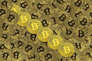 Bitcoin 'lerin zenginliğinin sembolü olarak altın bitcoin' lerin arka planındaki diğer bitcoin 'lerin yanında yuvarlak bitcoin' ler