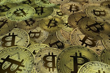 Bitcoin 'lerin zenginliğinin sembolü olarak altın bitcoin' lerin arka planındaki diğer bitcoin 'lerin yanında yuvarlak bitcoin' ler