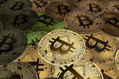 Bitcoin 'lerin zenginliğinin sembolü olarak altın bitcoin' lerin arka planındaki diğer bitcoin 'lerin yanında yuvarlak bitcoin' ler