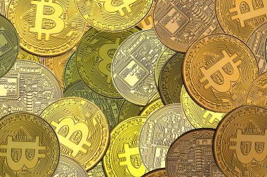 Bitcoin 'lerin zenginliğinin sembolü olarak altın bitcoin' lerin arka planındaki diğer bitcoin 'lerin yanında yuvarlak bitcoin' ler
